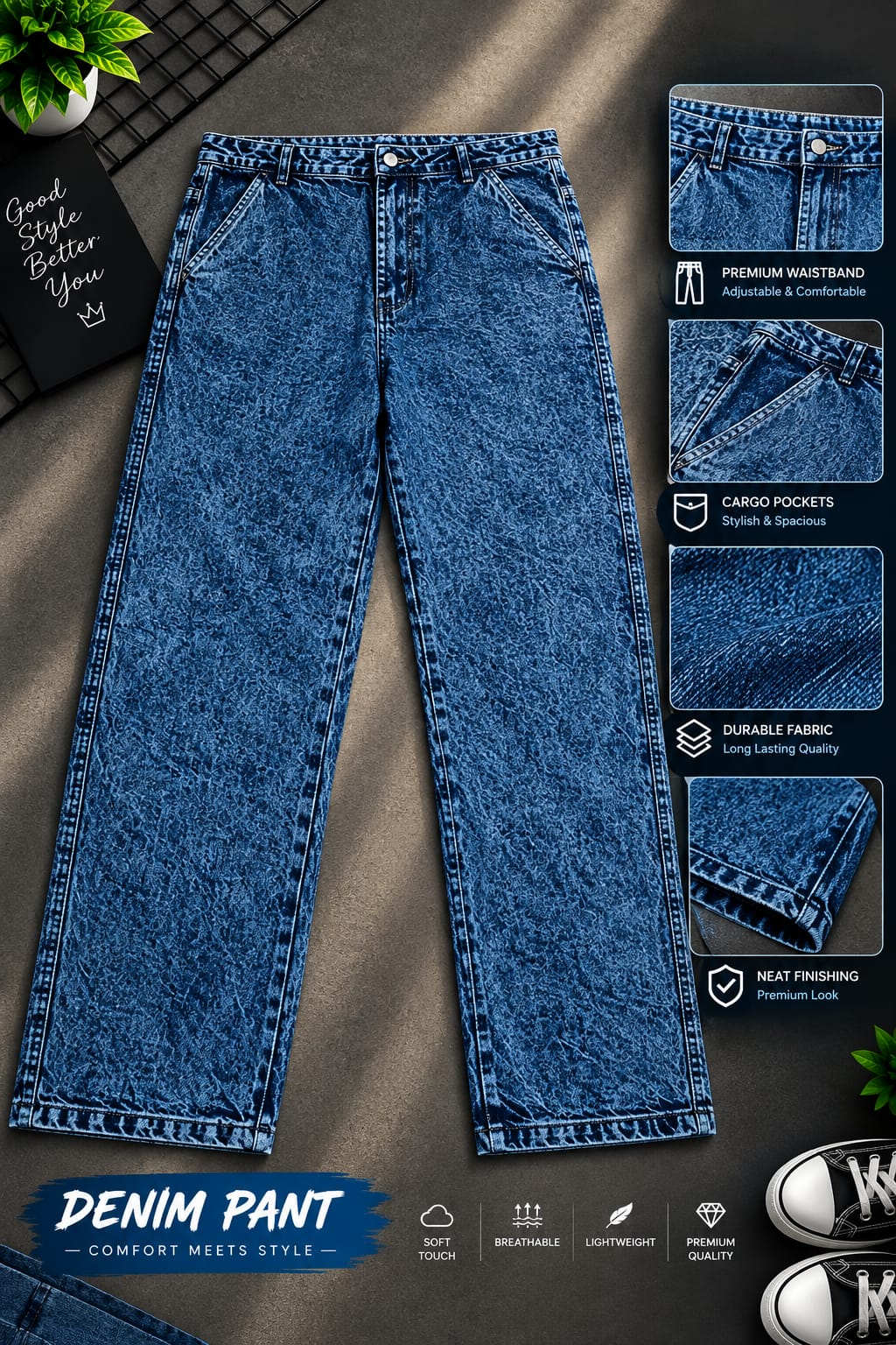Semi Baggy Cargo Denim Pant (32856)