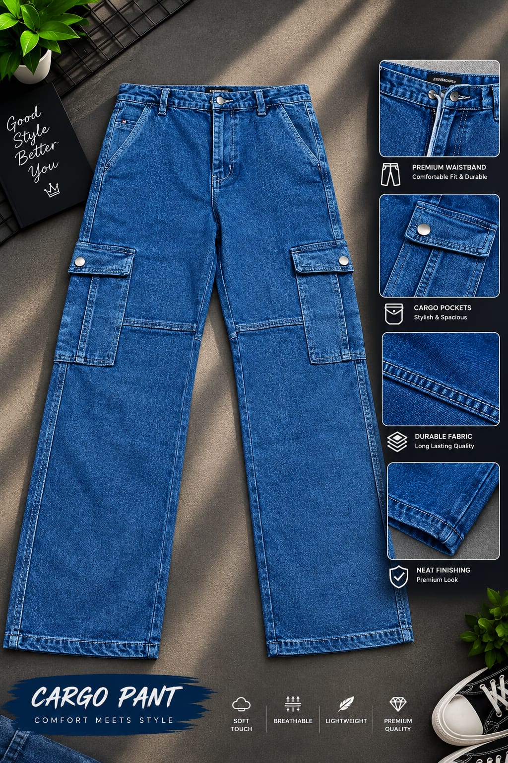 6 Pocket Cargo Denim Baggy Pant (32858)