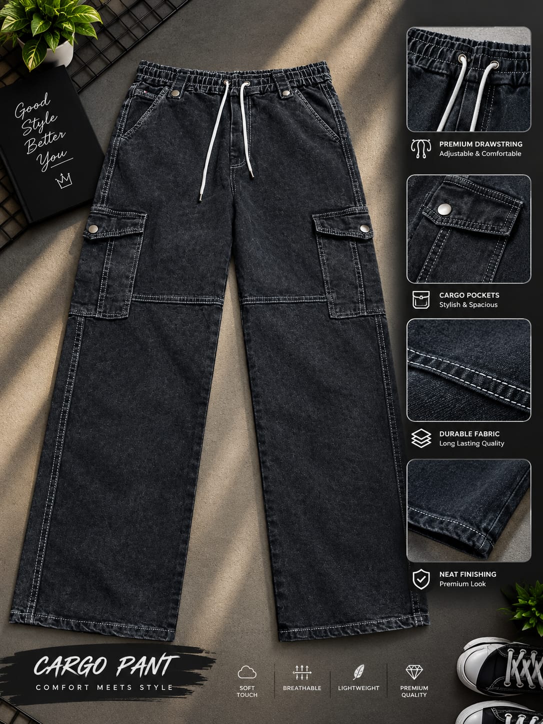 6 Pocket Cargo Denim Baggy Pant (32860)